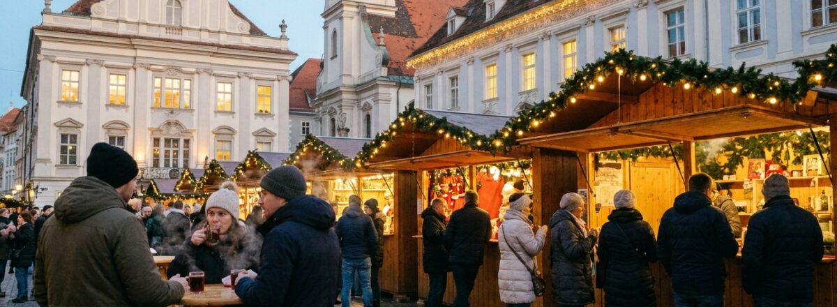 Adventmarkt in der Grazer Altstadt am Abend