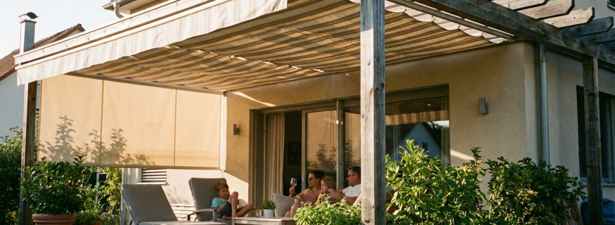 Terrasse mit Markise und Pergola als Sonnenschutz