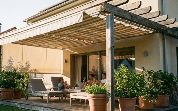 Terrasse mit Markise und Pergola als Sonnenschutz