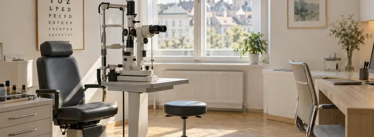 Untersuchungsraum einer Augenordination mit Spaltlampe und Sehtafel am Fenster