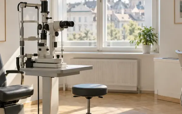 Untersuchungsraum einer Augenordination mit Spaltlampe und Sehtafel am Fenster