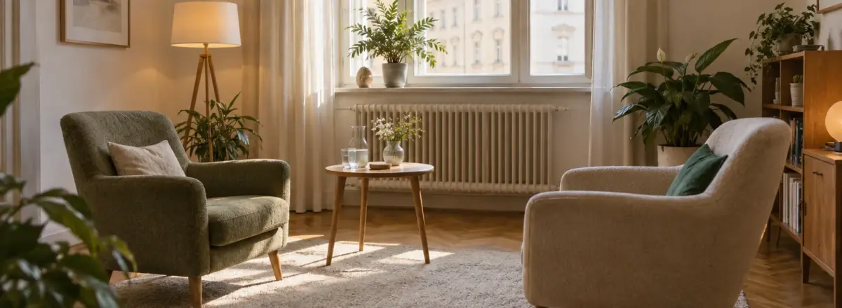 Therapieraum mit zwei Sesseln, Beistelltisch und Tageslicht durch ein hohes Fenster