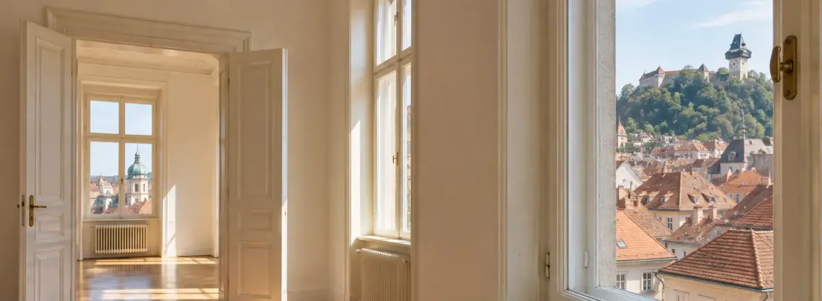 Leere Altbauwohnung mit Fischgrätparkett, Blick über Grazer Dächer zum Schlossberg mit Uhrturm